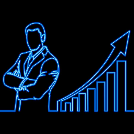 Continuous one single line drawing Revenue growth economic graph profit increase Businessman with sales report icon neon glow vector illustration conceptのイラスト素材
