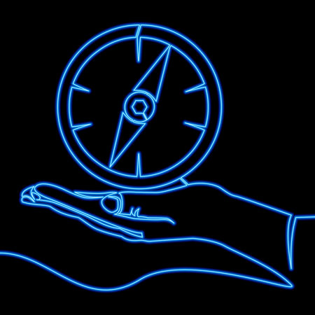 Continuous one single line drawing giving hand with compass icon neon glow vector illustration conceptのイラスト素材