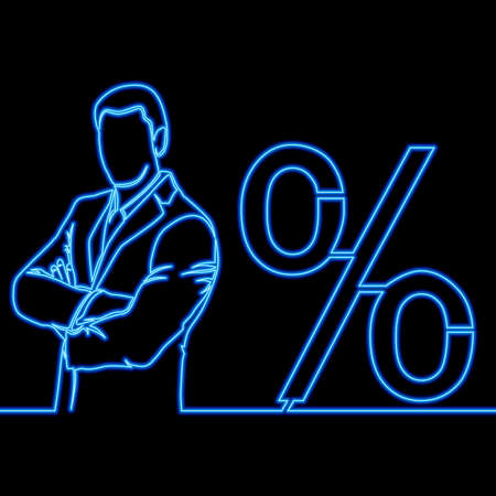 Continuous one single line drawing Exponential profit growth Happy businessman and percentage sign icon neon glow vector illustration conceptのイラスト素材