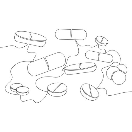 Continuous one single line drawing set of pills and capsules Medical pills icon vector illustration conceptのイラスト素材
