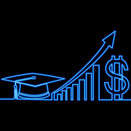 Continuous one single line drawing business rising cost of education in dollars icon neon glow vector illustration conceptのイラスト素材
