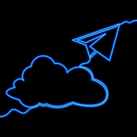 Continuous one single line drawing Paper plane and cloud icon neon glow vector illustration conceptのイラスト素材