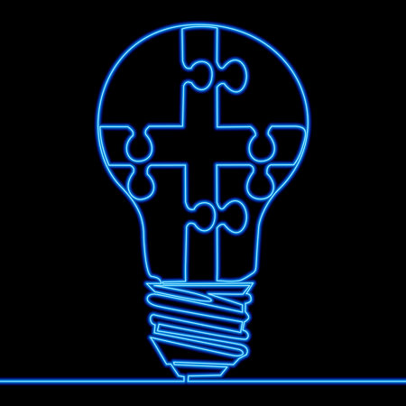 Continuous one single line drawing Puzzle lightbulb team idea icon neon glow vector illustration conceptのイラスト素材