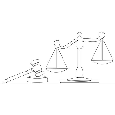 Continuous one single line drawing Symbol of law Judges gavel and scales icon vector illustration conceptのイラスト素材