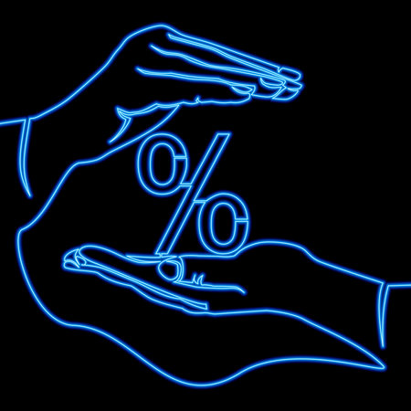 Continuous one single line drawing hands hold a percent sign icon neon glow vector illustration conceptのイラスト素材