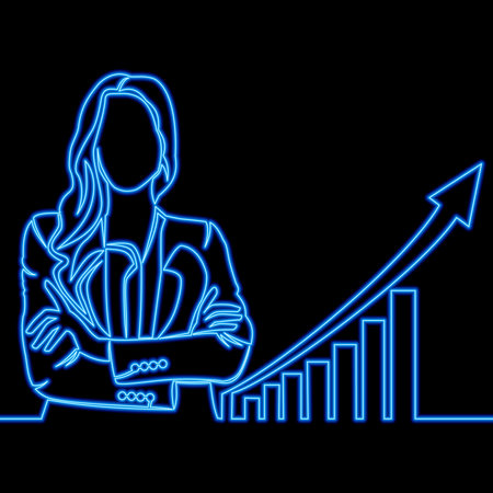 Continuous one single line drawing standing business woman show growing graphic diagram icon neon glow vector illustration conceptのイラスト素材