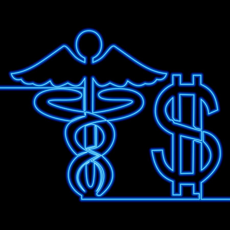 Continuous one single line drawing dollar sign and symbol of medicine icon neon glow vector illustration conceptのイラスト素材