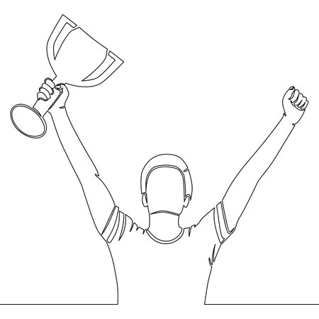 Continuous one single line drawing Champion Player lifting trophy icon vector illustration conceptのイラスト素材