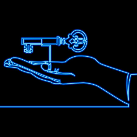 Continuous one single line drawing Hand holding key takeaways icon neon glow vector illustration conceptのイラスト素材