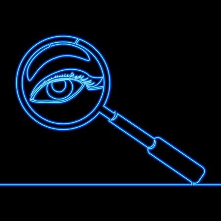 Continuous one single line drawing Magnifying glass and human eye inside icon neon glow vector illustration conceptのイラスト素材