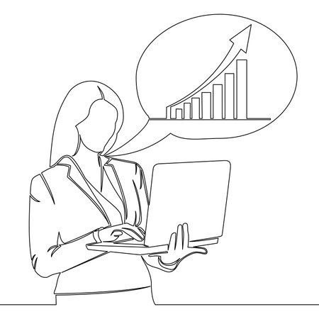Continuous one single line drawing businesswoman analyzing data on laptop Data science Business charts icon vector illustration conceptのイラスト素材