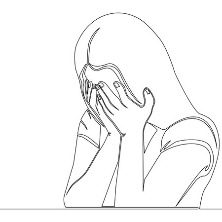 Continuous one single line drawing woman in despair Sad girl hiding her face with hands Stressed young lady lonely expression icon vector illustration conceptのイラスト素材