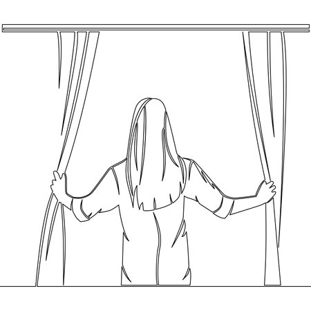 Continuous one single line drawing back view of woman standing and opening window curtains hope icon vector illustration conceptのイラスト素材