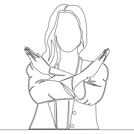 Continuous one single line drawing woman crossing arms and saying no gesture Person making stop sign with hands icon vector illustration conceptのイラスト素材