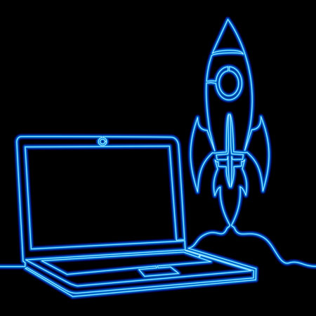 Continuous one single line drawing rocket launch from laptop Start up icon neon glow vector illustration conceptのイラスト素材