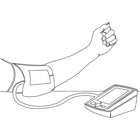 Continuous one single line drawing Measuring blood pleasure healthcare Human hand using tonometer to measure check blood pressure and pulse icon vector illustration conceptのイラスト素材