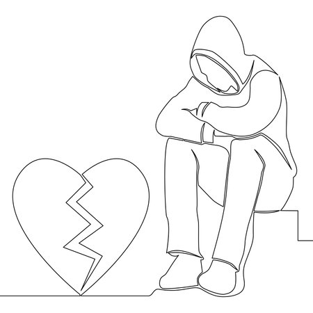 Continuous one single line drawing man with a broken heart is sitting in depression icon vector illustration conceptのイラスト素材