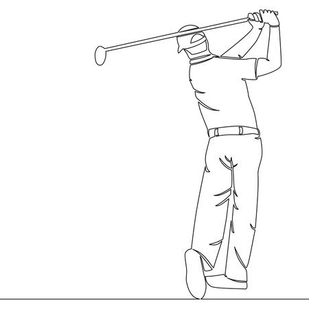 Continuous one single line drawing young sporty golf player hit the ball using golf club icon vector illustration conceptのイラスト素材