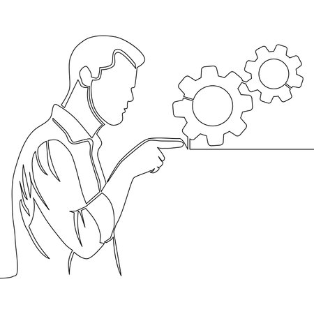 Continuous one single line drawing Man pointing the gears icon vector illustration conceptのイラスト素材