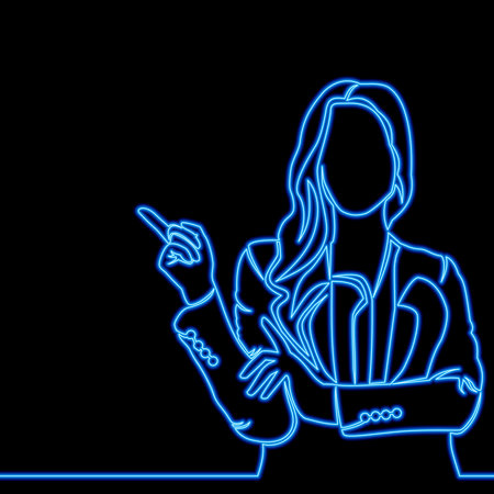 Continuous one single line drawing woman showing something icon neon glow vector illustration conceptのイラスト素材
