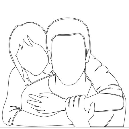 Continuous one single line drawing hugging couple man and woman in romantic moment icon vector illustration conceptのイラスト素材