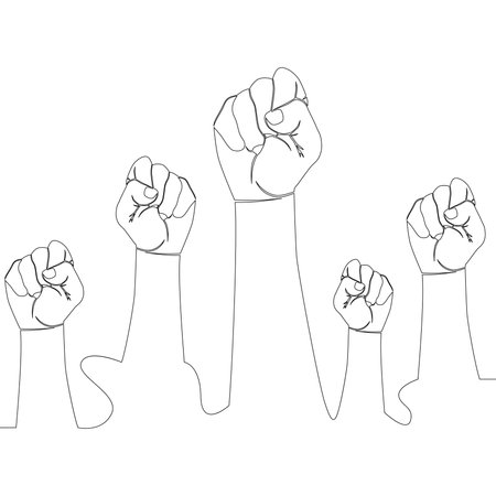 Continuous one single line drawing fists hands up unity, revolution, fight, cooperation icon vector illustration conceptのイラスト素材