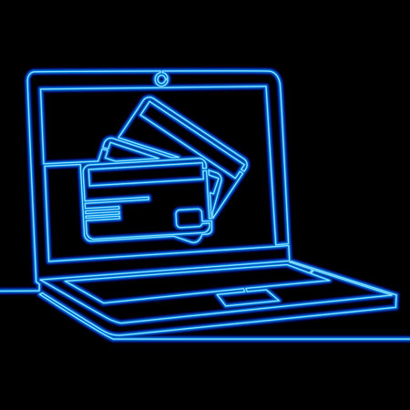 Continuous one single line drawing Online Payment by Credit Card on Laptop icon neon glow vector illustration conceptのイラスト素材