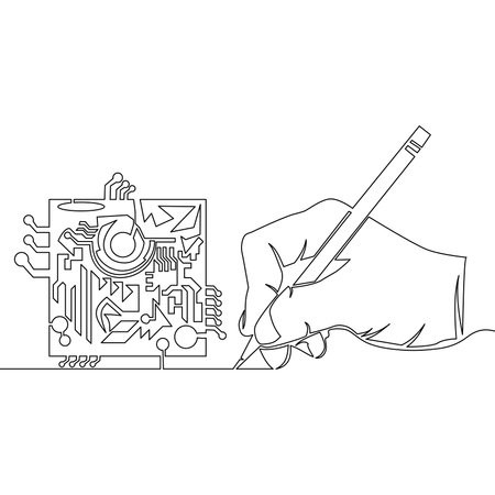 Continuous one single line drawing hand draws computer microchip CPU icon vector illustration conceptのイラスト素材
