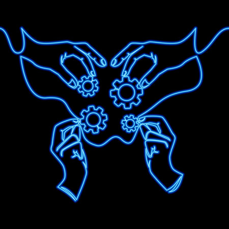 Continuous one single line drawing Hands of business men assemble gears into a puzzle in a single whole icon neon glow vector illustration conceptのイラスト素材