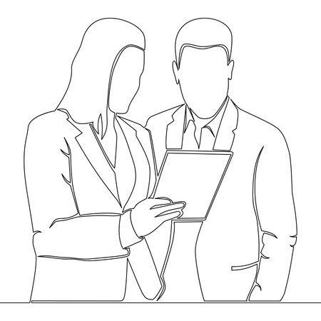 Continuous one single line drawing two young professionals discussing project as team on tablet icon vector illustration conceptのイラスト素材