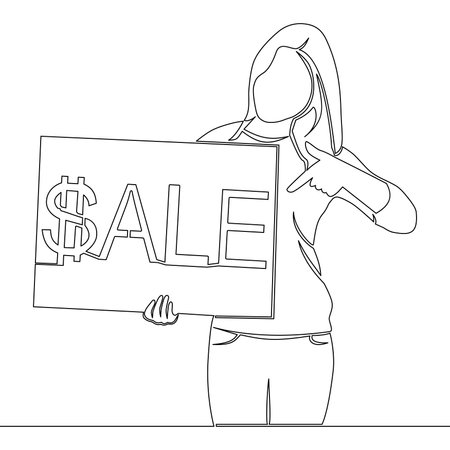 Continuous one single line drawing woman holding sale sign banner with word sale icon vector illustration conceptのイラスト素材