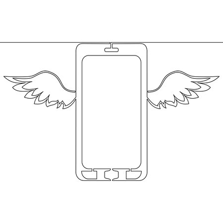 Continuous one single line drawing Speed mobile phone Abstract wings Smartphone icon vector illustration conceptのイラスト素材