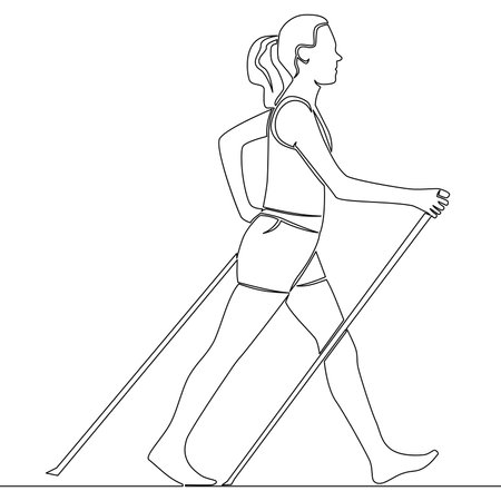Continuous one single line drawing Woman walks on foot with walking sticks. Nordic walking icon vector illustration conceptのイラスト素材