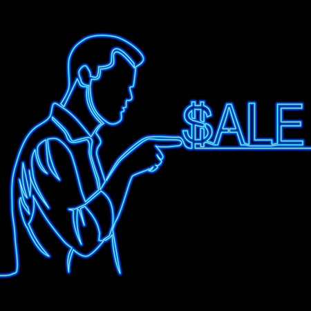 Continuous one single line drawing man pointing finger at inscription sale profitable shopping icon neon glow vector illustration conceptのイラスト素材