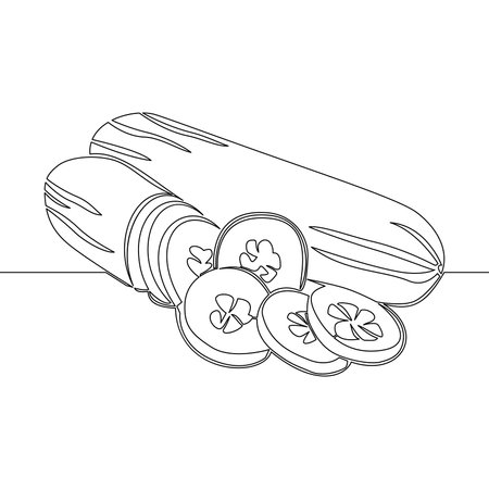 Continuous one single line drawing sliced cucumber pickles fresh food vegetable icon vector illustration conceptのイラスト素材