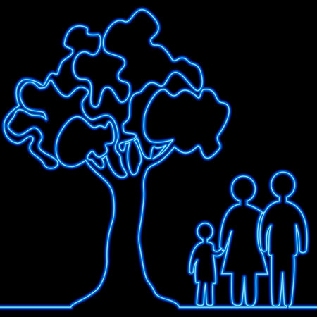 Continuous one single line drawing Silhouette Family standing together under tree icon neon glow vector illustration conceptのイラスト素材