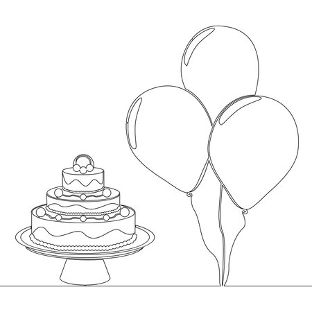 Continuous one single line drawing birthday cake and balloons celebration icon vector illustration conceptのイラスト素材