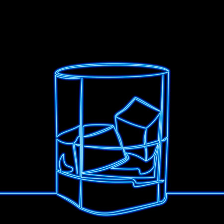Continuous one single line drawing glass with Scotch Whiskey and ice Glass and drink icon neon glow vector illustration conceptのイラスト素材