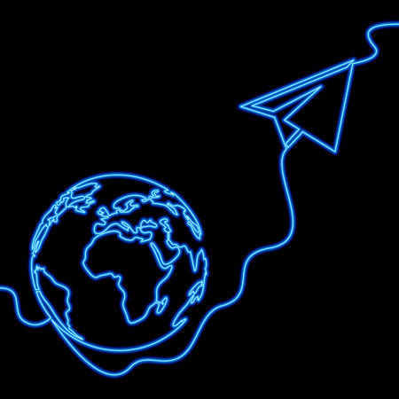 Continuous one single line drawing Paper plane International flight sign. Online travel symbol icon neon glow vector illustration conceptのイラスト素材