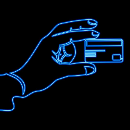 Continuous one single line drawing Hand with credit card for payment business icon neon glow vector illustration conceptのイラスト素材