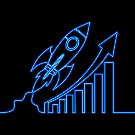 Continuous one single line drawing growth earning rising up graph business sales flying rocket icon neon glow vector illustration conceptのイラスト素材