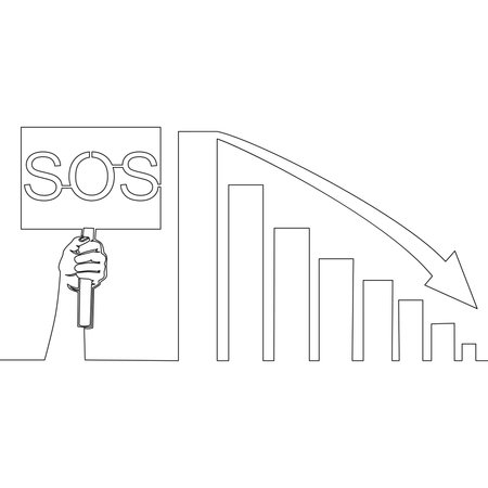 Continuous one single line drawing stock financial market crash graph chart SOS sign icon vector illustration conceptのイラスト素材