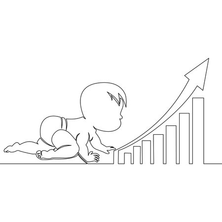 Continuous one single line drawing population growth and birth rate chart icon vector illustration conceptのイラスト素材