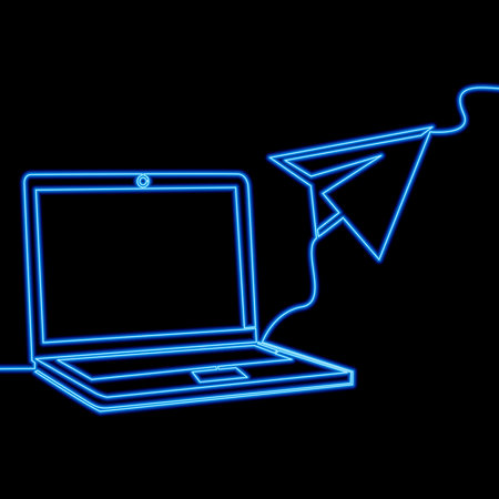 Continuous one single line drawing laptop computer with paper plane as business startup icon neon glow vector illustration conceptのイラスト素材