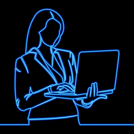 Continuous one single line drawing woman working on laptop computer icon neon glow vector illustration conceptのイラスト素材