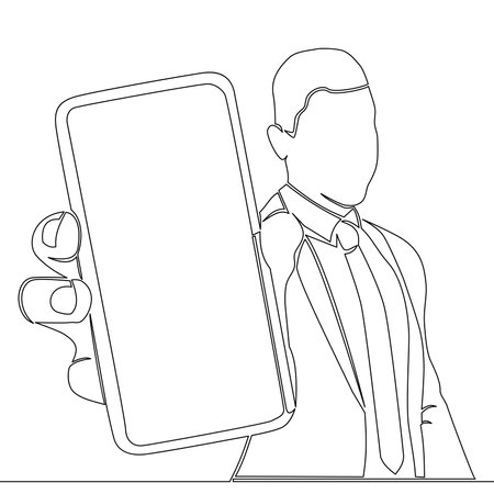 Continuous one single line drawing businessman shows a smartphone screen icon vector illustration conceptのイラスト素材