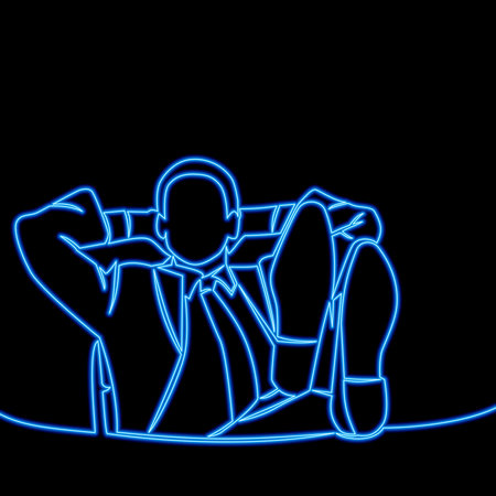 Continuous one single line drawing Relaxed business man sitting in office chair in confident pose icon neon glow vector illustration conceptのイラスト素材