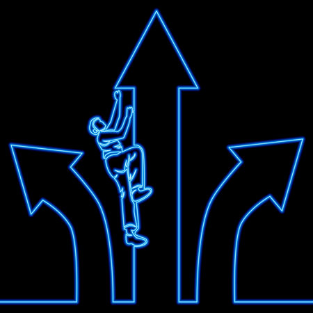 Continuous one single line drawing Leadership to reach business success. Businessman climbs to the top Business ambition icon neon glow vector illustration conceptのイラスト素材