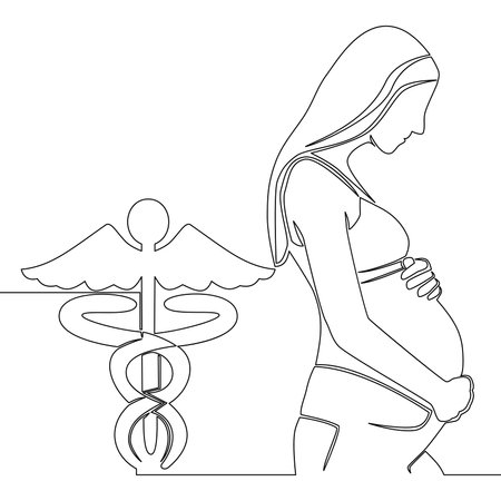 Continuous one single line drawing pregnant woman and symbol of medicine icon vector illustration conceptのイラスト素材