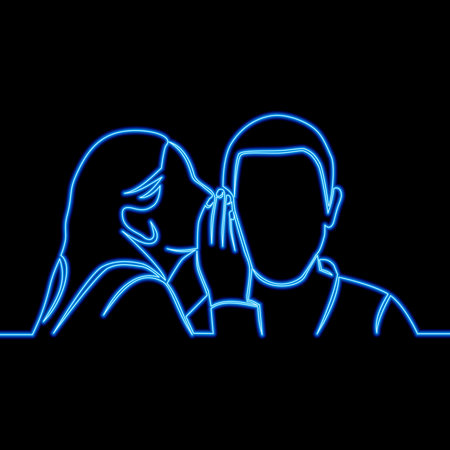 Continuous one single line drawing Woman and man are whispering transmission of secret icon neon glow vector illustration conceptのイラスト素材